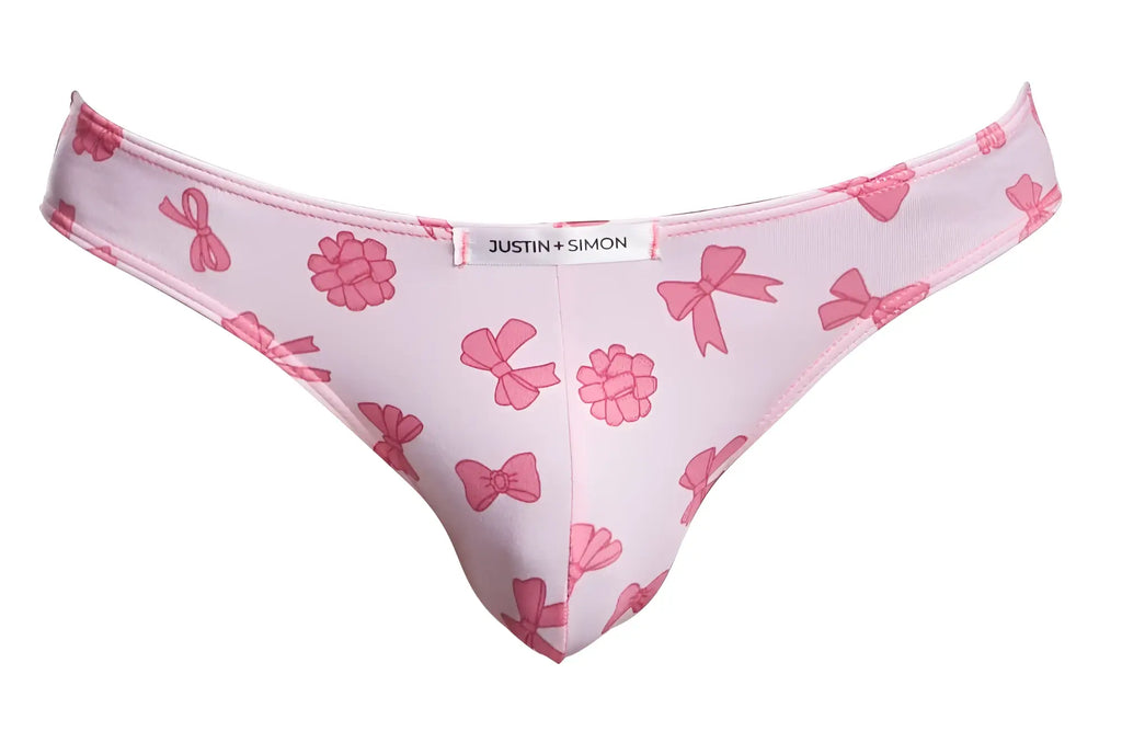 Pink patterned thong with raspberry designs bow and justin simon label from justin simon xsj01 classic bikini