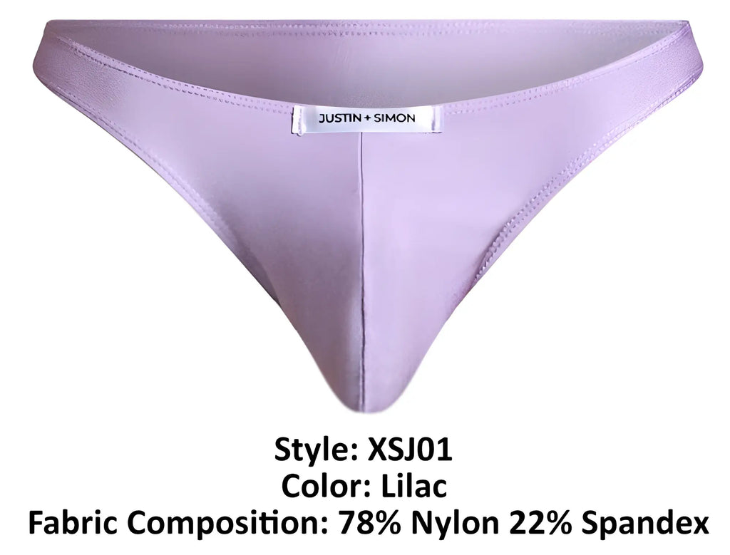 Lilac-colored classic bikini thong by justin + simon made of 78% nylon 22% spandex showing front view