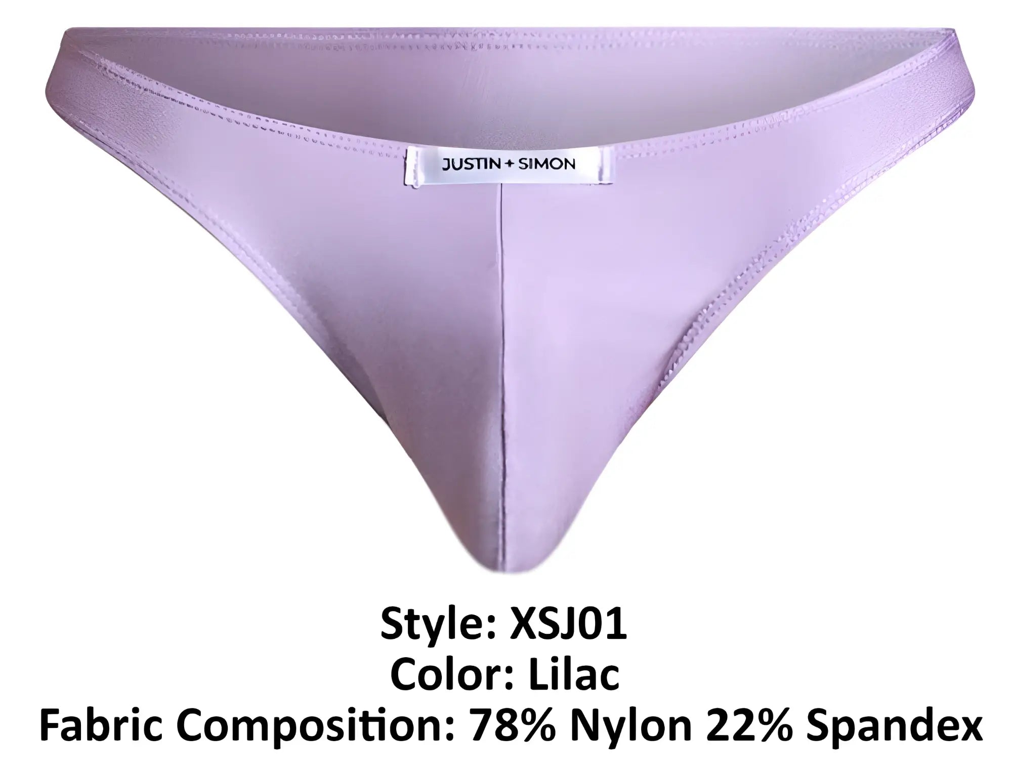 Lilac-colored classic bikini thong by justin + simon made of 78% nylon 22% spandex showing front view