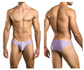 Lavender color smooth textured men’s briefs with a subtle brand tag at the waistband by JUSTIN+SIMON