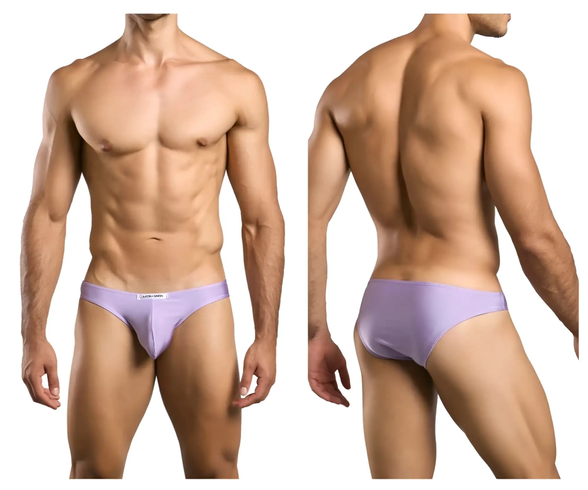 Lavender color smooth textured men’s briefs with a subtle brand tag at the waistband by JUSTIN+SIMON