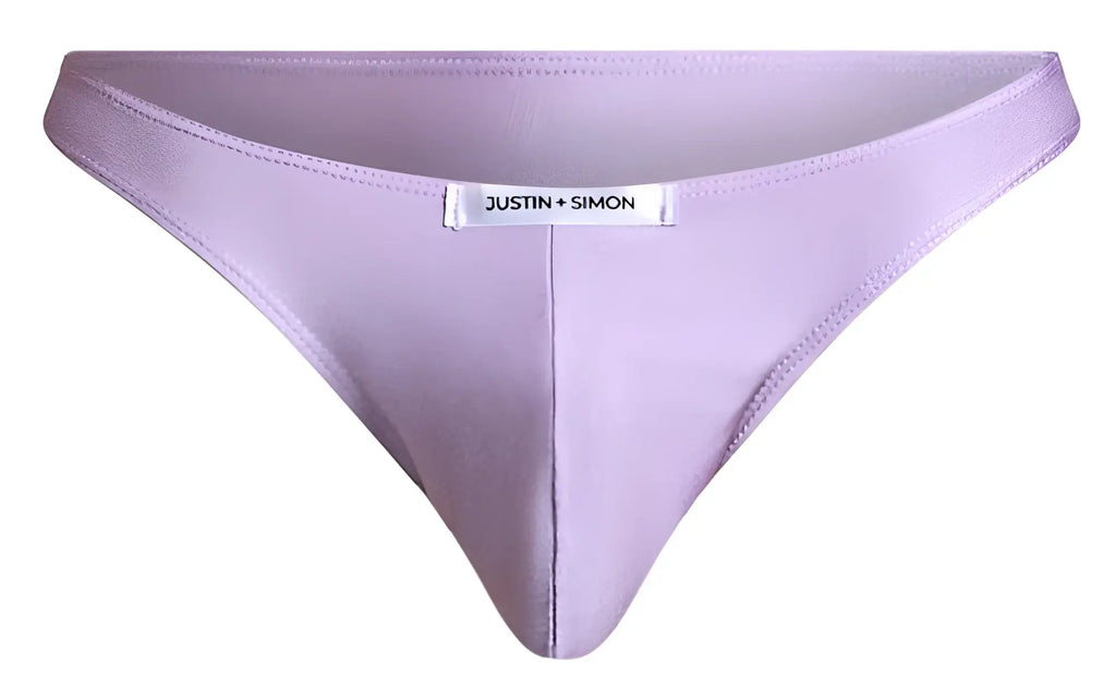 Lavender classic bikini briefs with smooth texture subtle sheen and silver justin simon brand tag at waistband