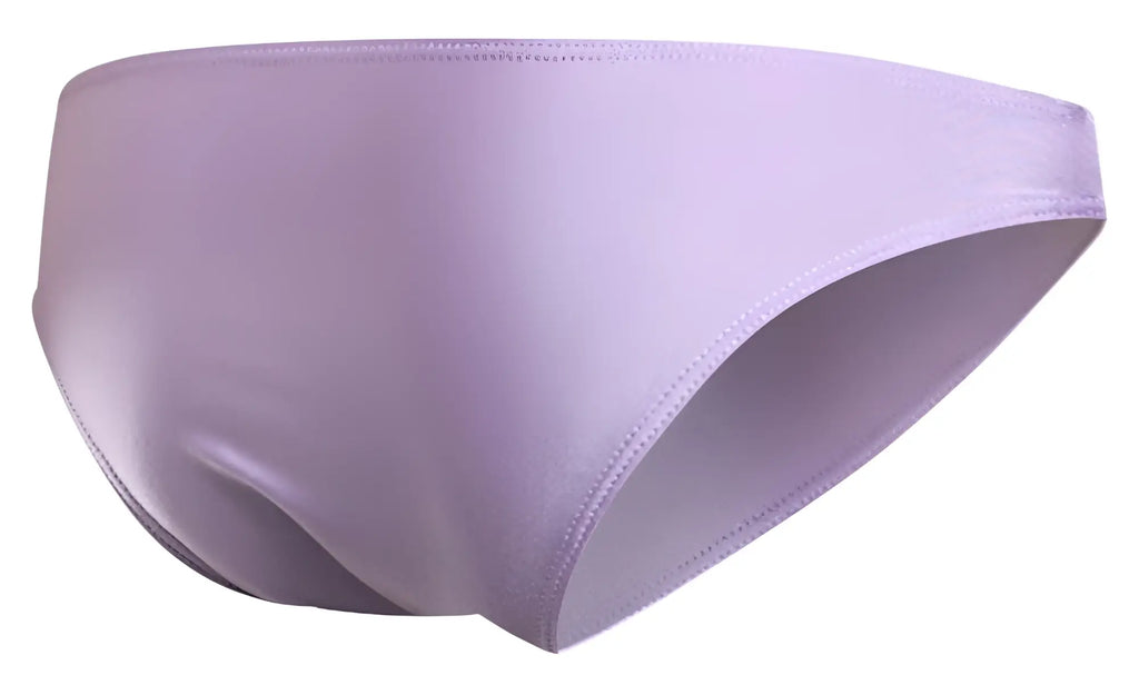A sleek lavender satin brief with a smooth glossy finish and stitched edges from JUSTIN SIMON XSJ01 classic bikini