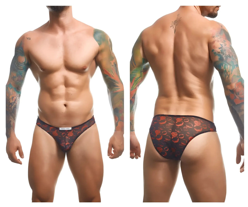 Black briefs with red floral pattern and sheer mesh fabric from justin simon xsj01 classic bikini color lips collection