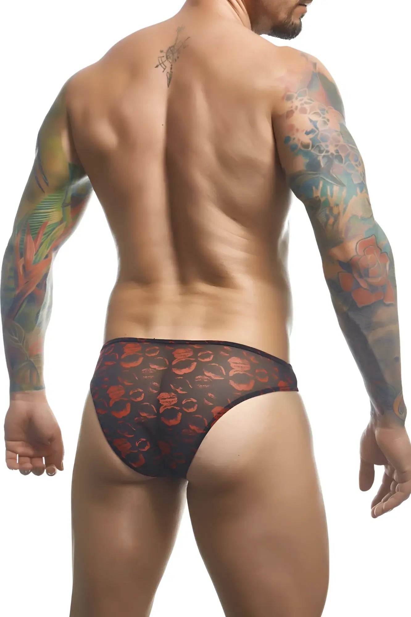 Black sheer briefs with bold red and orange circular pattern classic bikini style by JUSTIN SIMON XSJ01
