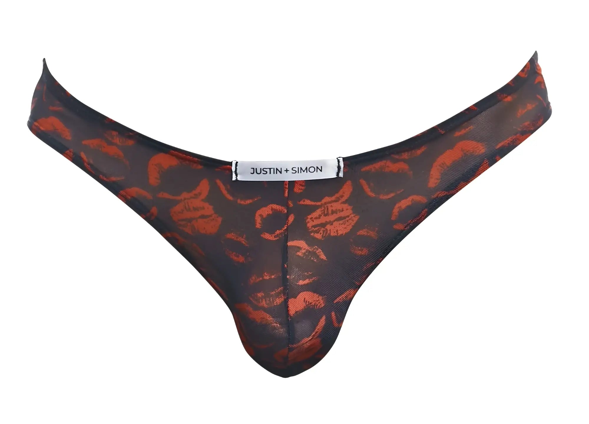 Black sheer thong with bold orange lipstick print and justin plus simon label from classic bikini color lips line