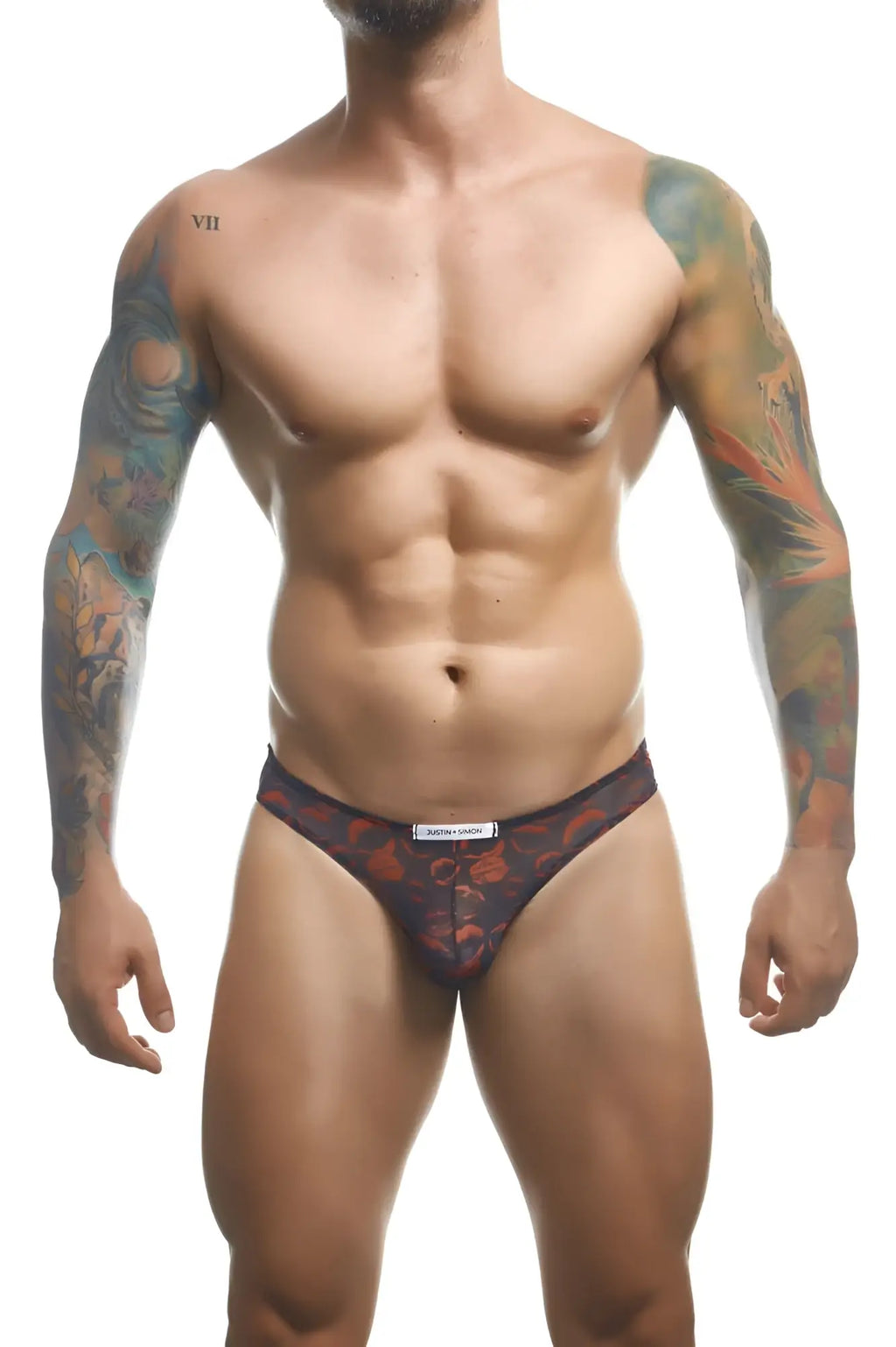 Black briefs classic bikini with vibrant red and orange floral pattern and dare to wear brand label justin simon xsj01