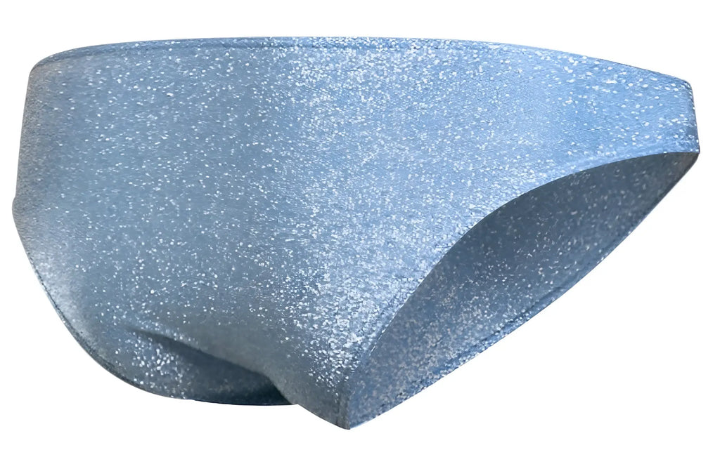 Light blue glittery swim trunks made with lurex material by justin+simon in classic bikini style