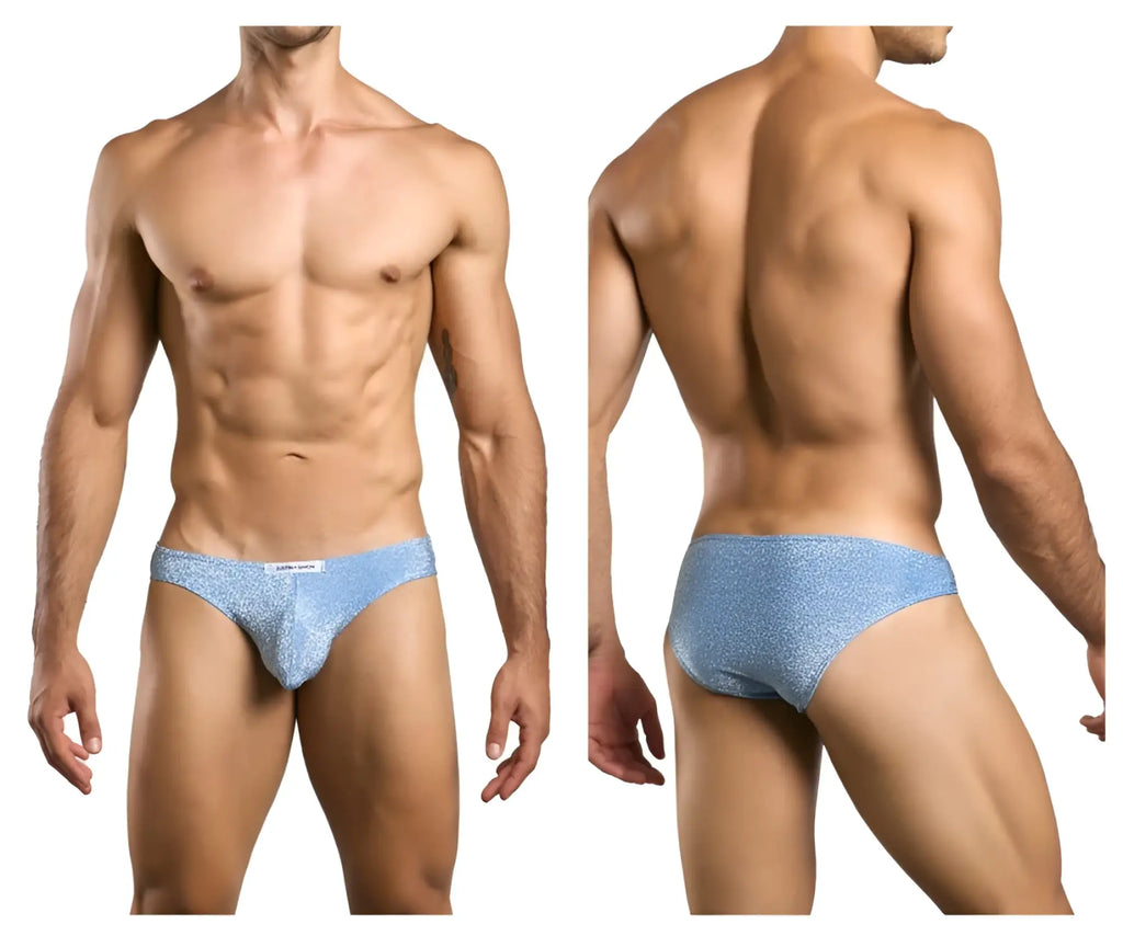 Light blue sparkly fabric briefs with a subtle logo on the waistband from JUSTIN SIMON classic bikini lurex blue collection