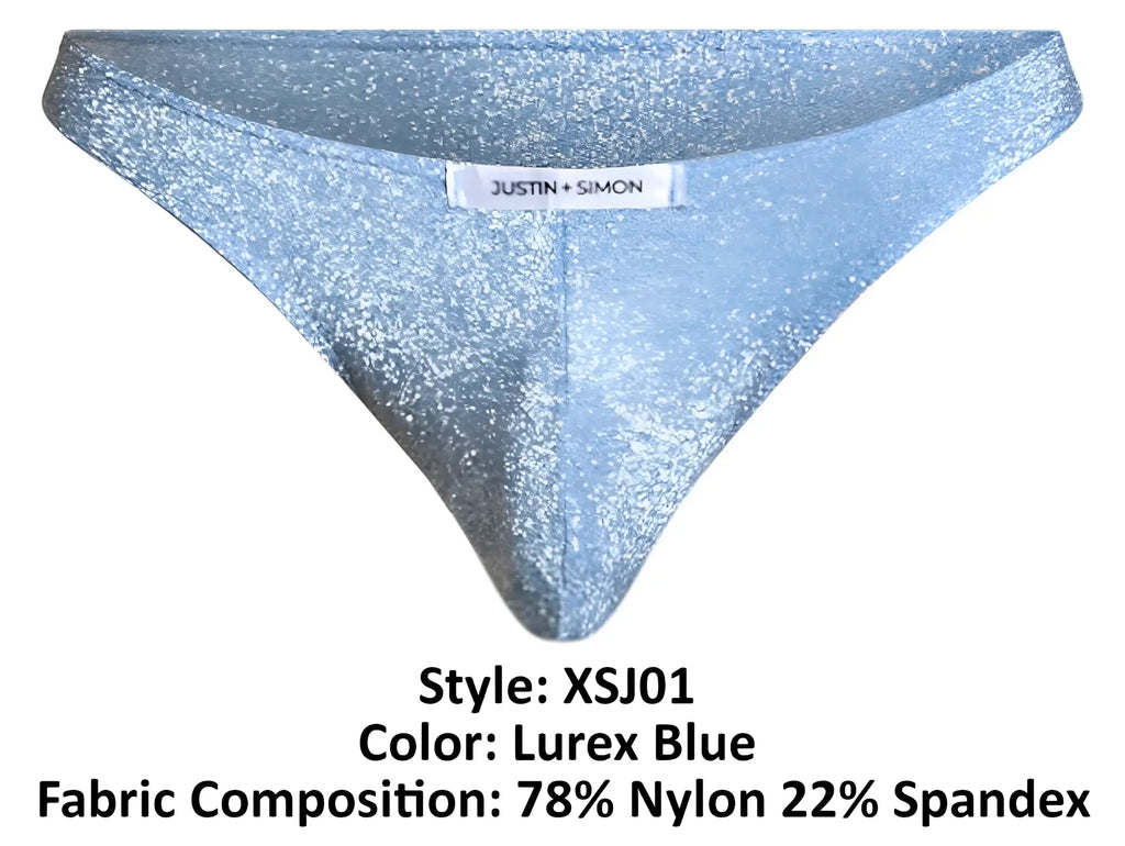 A shimmering lurex blue thong from justin + simon made of 78 nylon and 22 spandex fabric blend