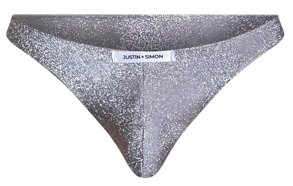 Silver glittery triangular briefs by justin + simon in lurex gray classic bikini style xsj01