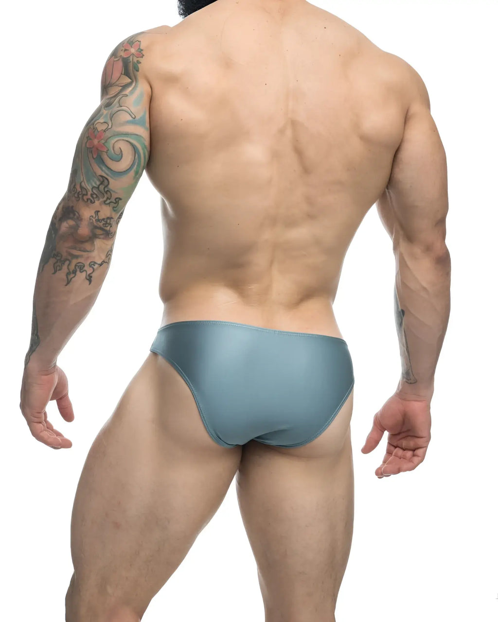 A sleek teal swim brief with a satin finish from justin simon xsj01 classic bikini color metal green collection