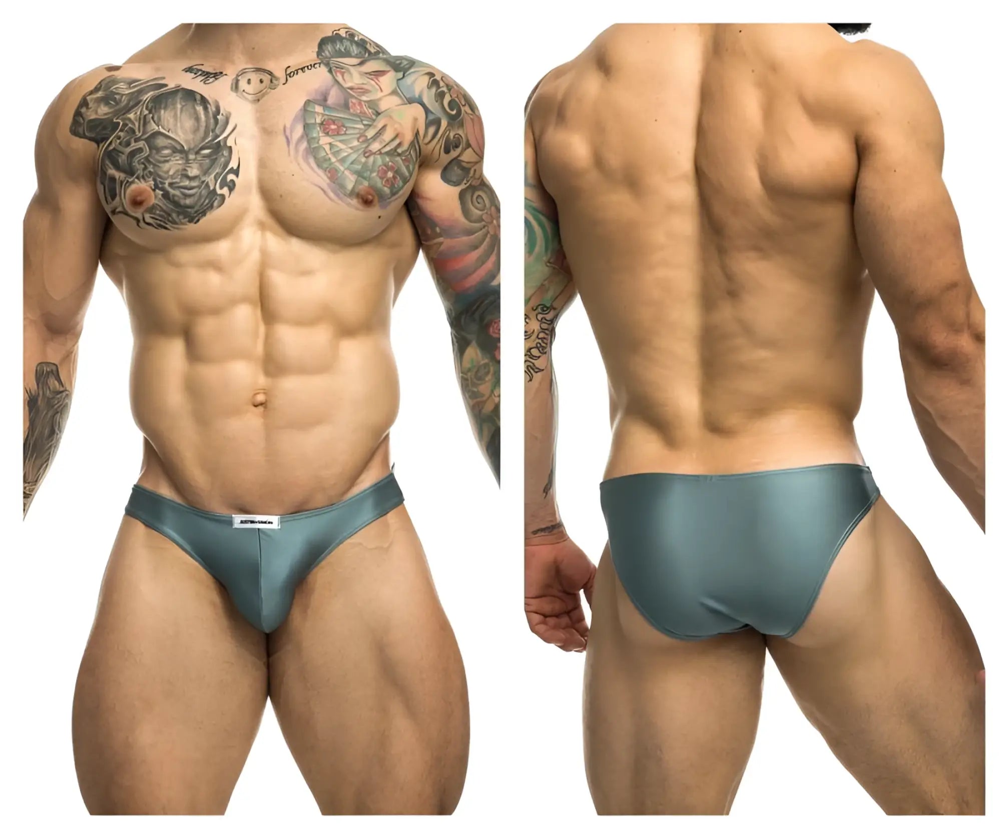 Teal satin briefs with subtle sheen and small white brand tag at waistband in justin simon xsj01 classic bikini metal green