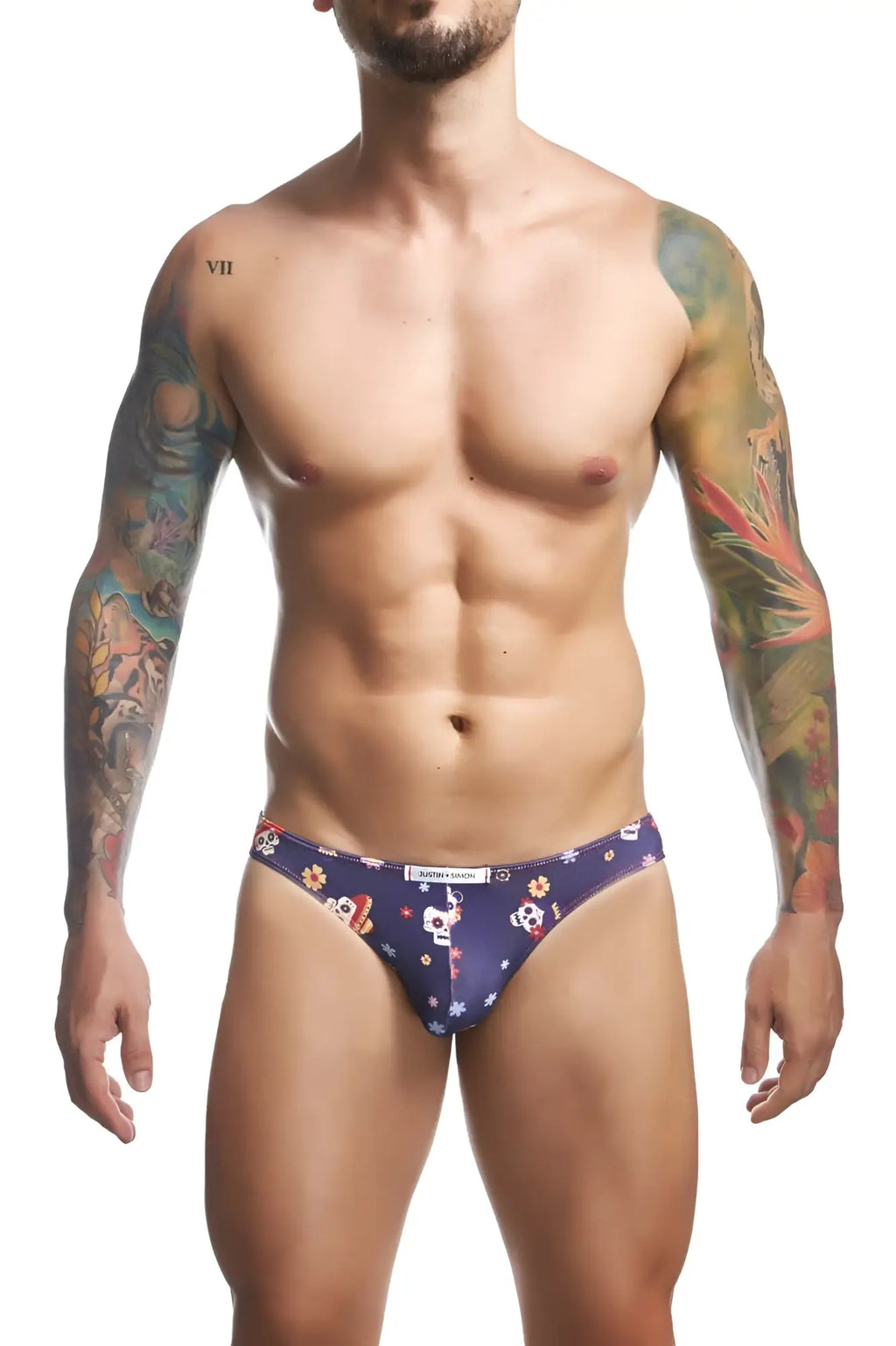 Dark blue justin simon xsj01 classic bikini briefs with white skulls orange and yellow flowers and stars pattern