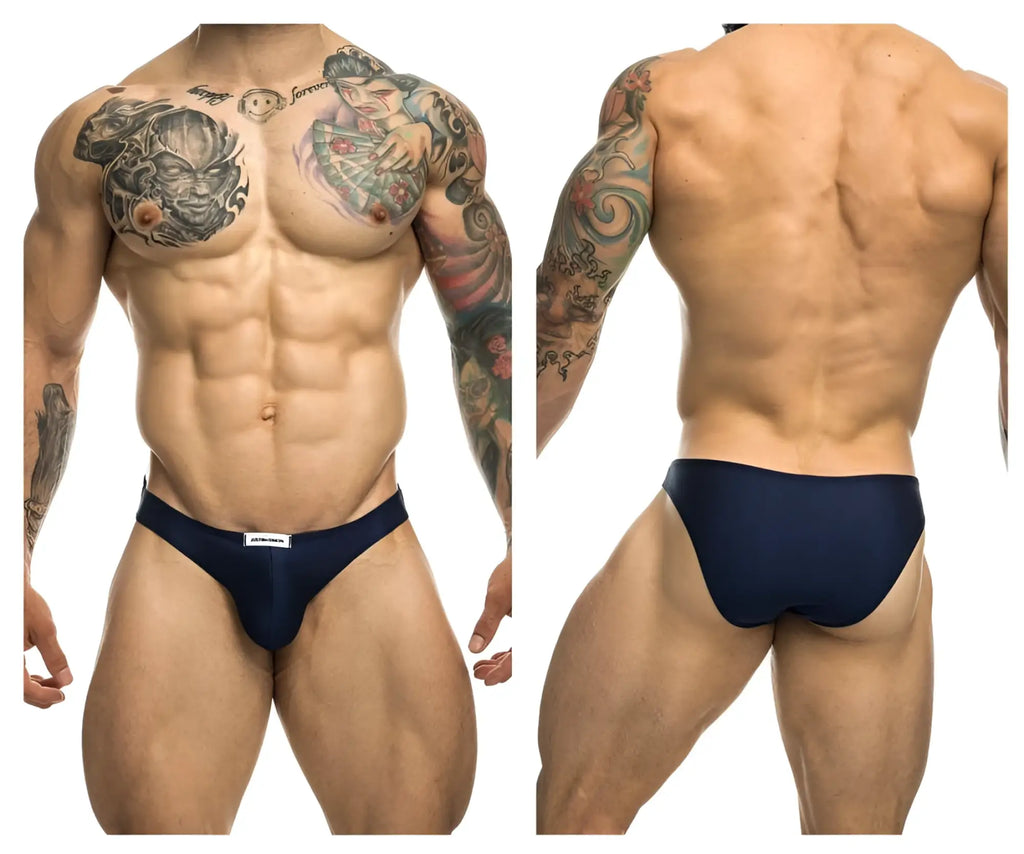 Navy blue classic bikini athletic briefs by Justin+Simon with a white brand tag at the waistband in XSJ01 style