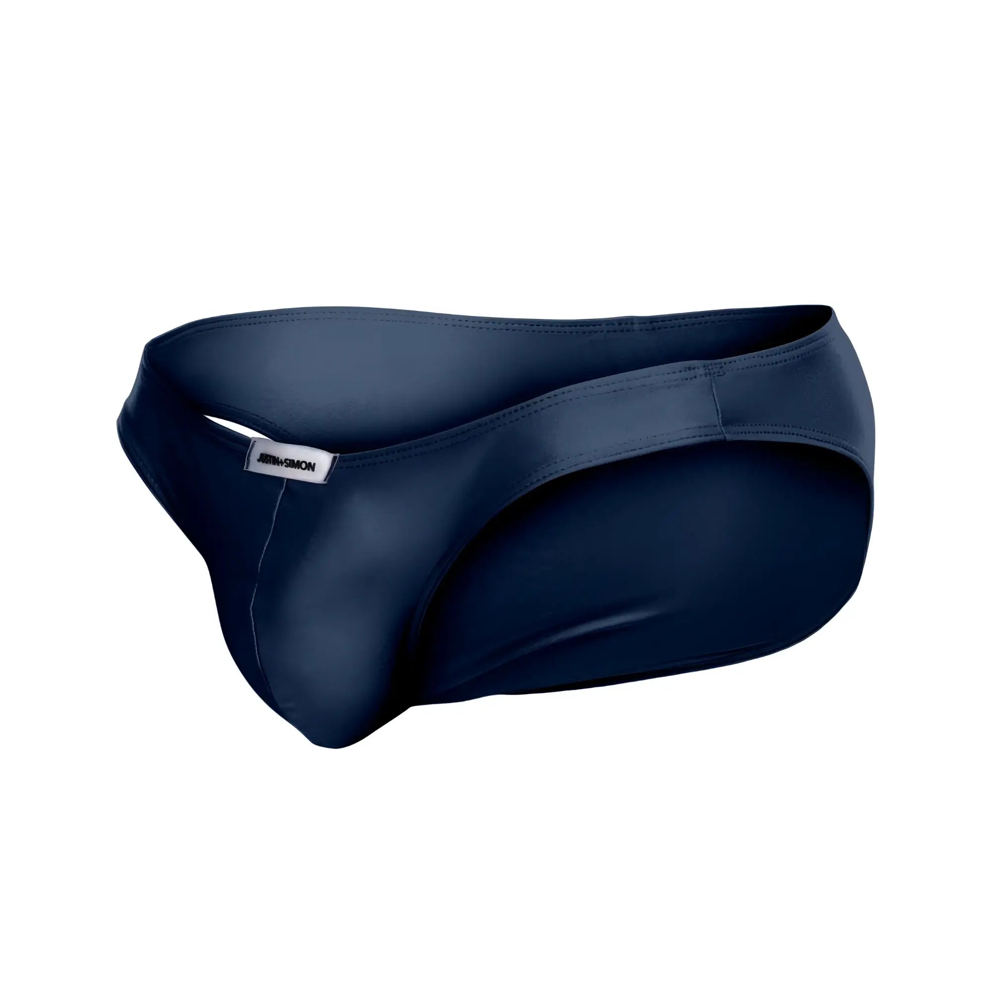 Navy blue silicone briefs with a sleek form-fitting design and white brand tag on the waistband from JUSTIN+SIMON
