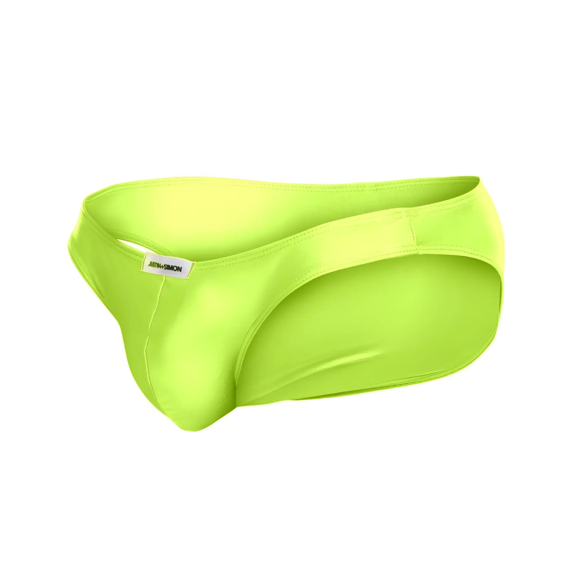 Bright neon green justin simon xsj01 classic bikini men’s briefs with smooth form-fitting fabric and subtle brand tag