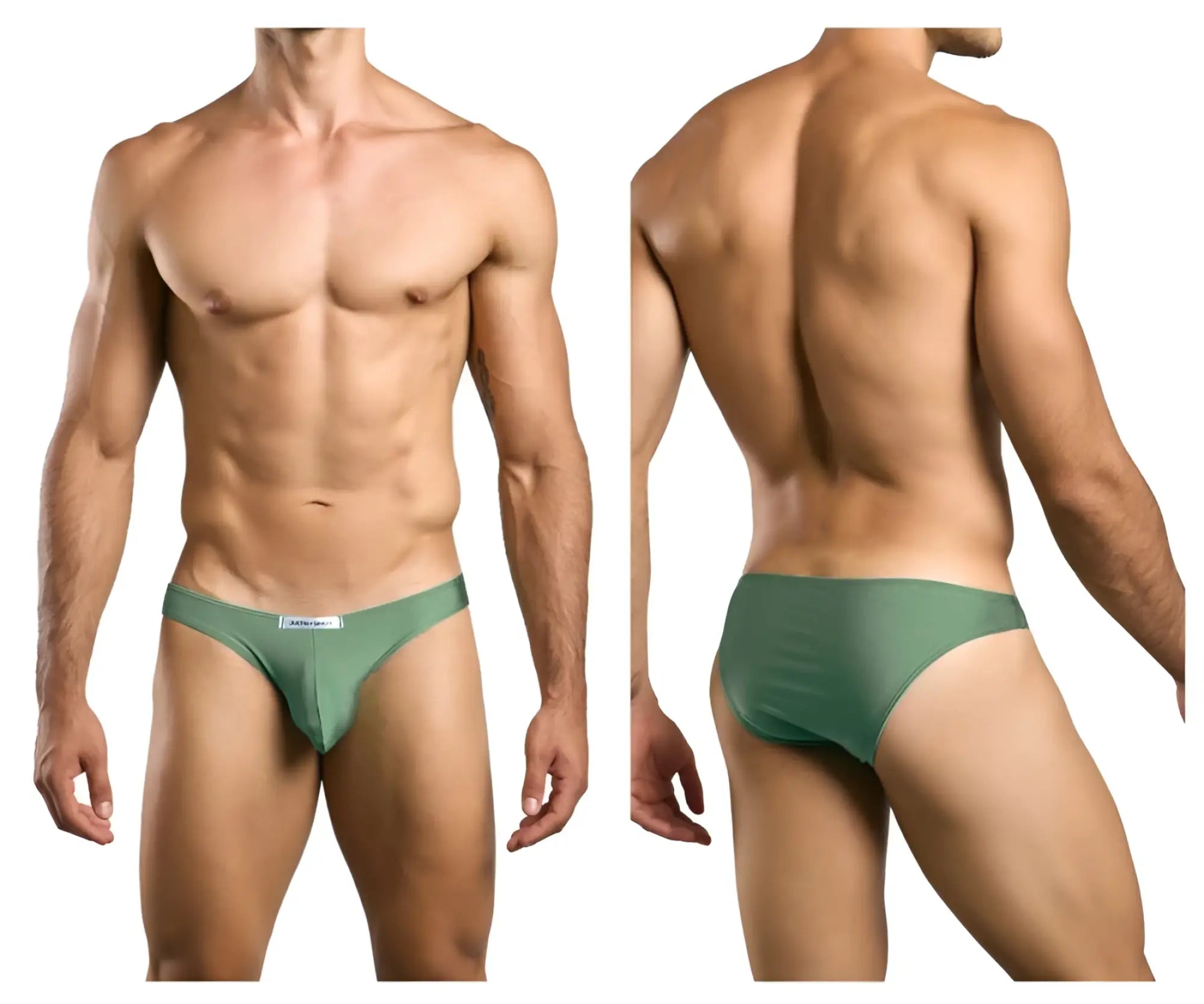 Green athletic briefs justin+simon xsj01 classic bikini with subtle textured fabric and white logo on waistband