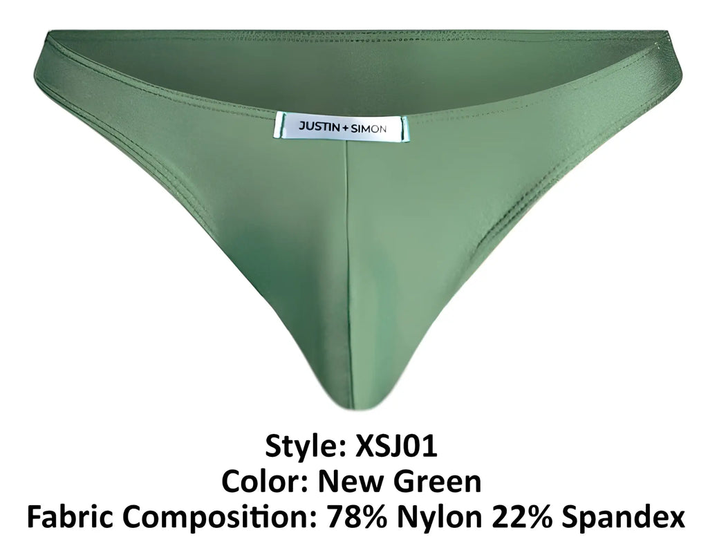 Olive green thong by justin simon made of smooth nylon and spandex blend from the xsj01 classic bikini line