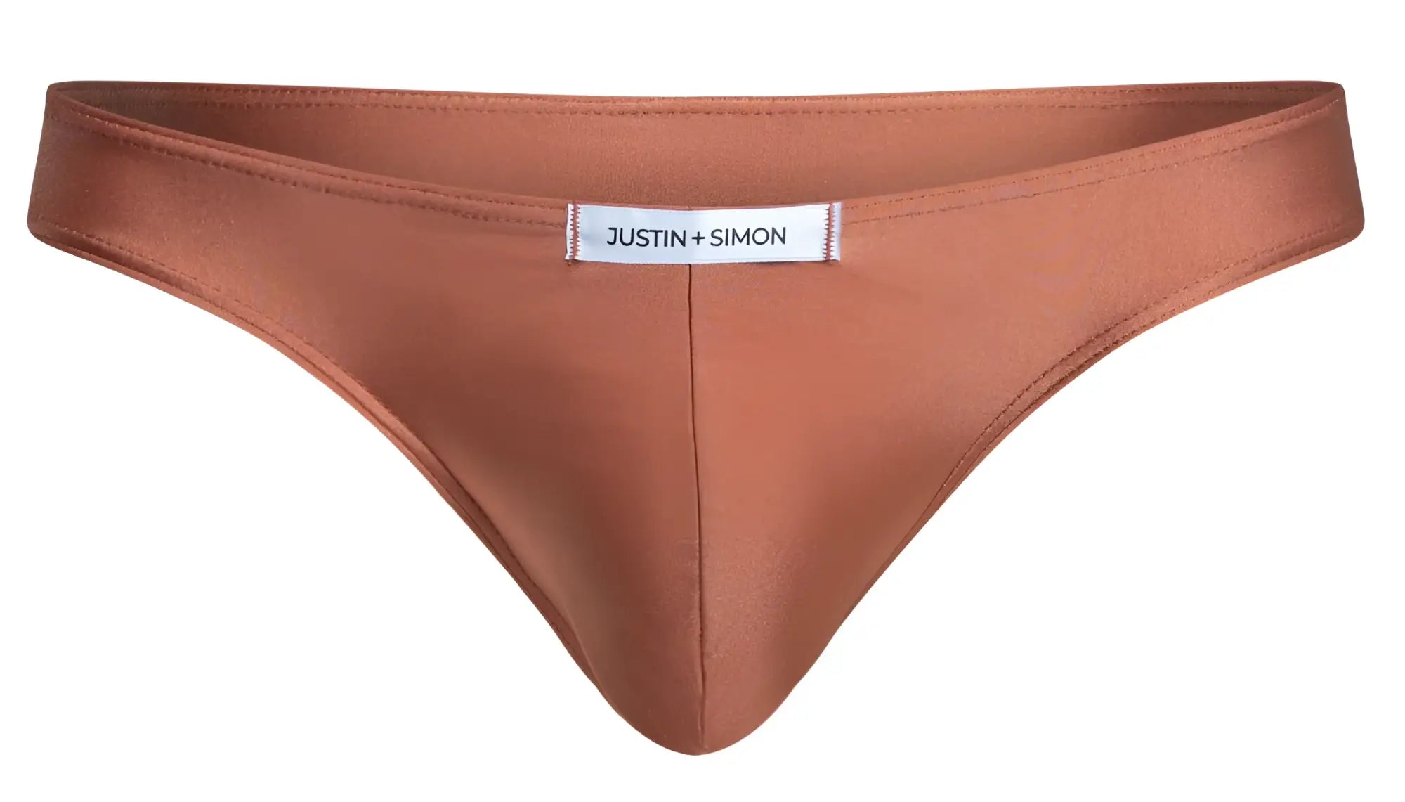 Copper-colored satin thong with white justin + simon label classic bikini style in ochre color