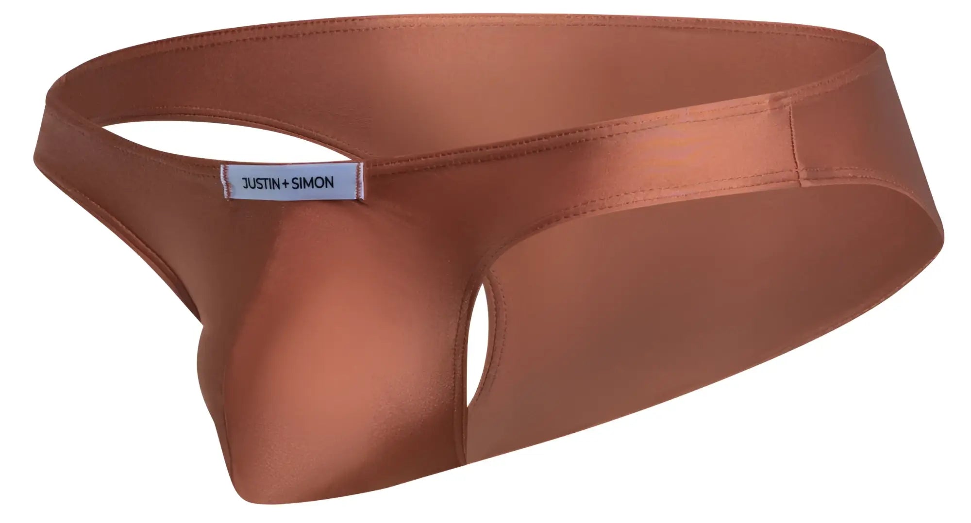 Copper satin thong by justin + simon in ochre color perfect for classic bikini style wear