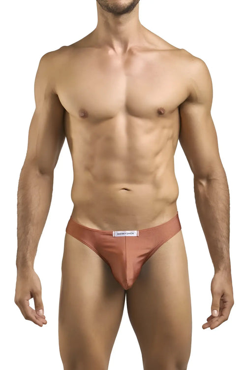 Justin+simon xsj01 classic bikini in ochre copper satin with minimalist design and white waistband label