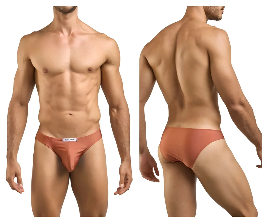 A sleek rust-colored mens brief with a smooth form-fitting design and a small white waistband label by justin simon