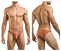 A sleek rust-colored mens brief with a smooth form-fitting design and a small white waistband label by justin simon