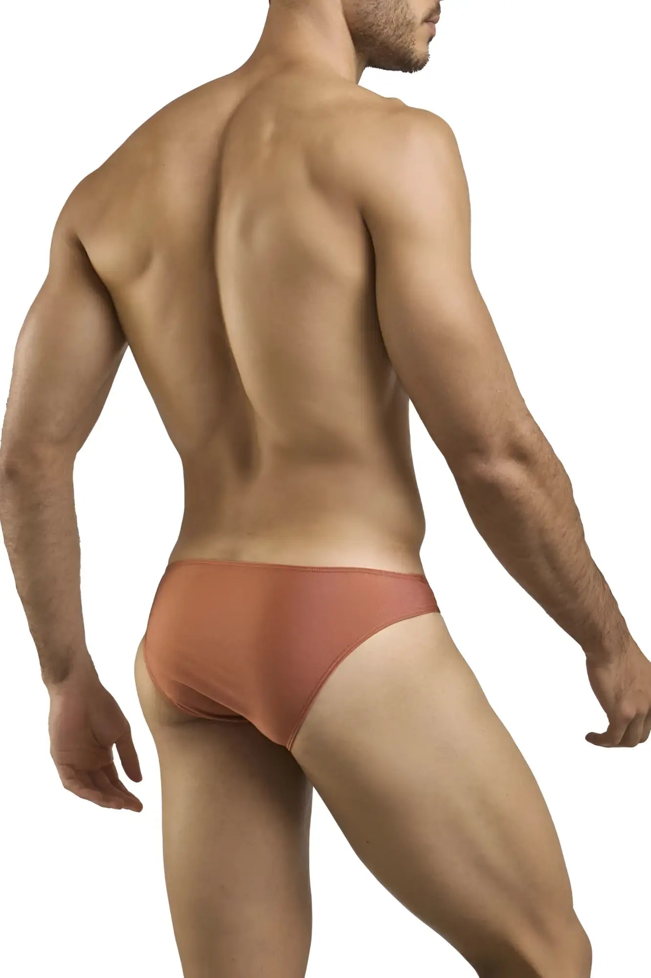 A sleek rust-colored JUSTIN+SIMON XSJ01 classic bikini brief with a smooth form-fitting design in ochre color