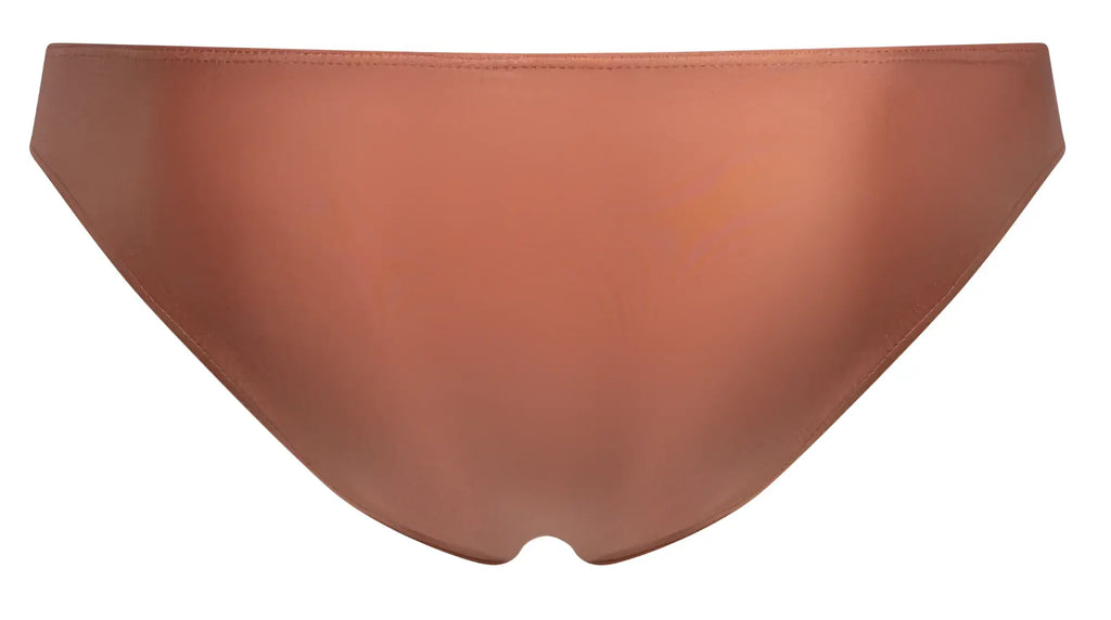A sleek satin-finish copper-colored bikini bottom with a minimalist design from justin simon xsj01 classic bikini color ochre