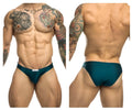 Teal athletic briefs with a small white brand tag at the waistband in justin simon xsj01 classic bikini opal green