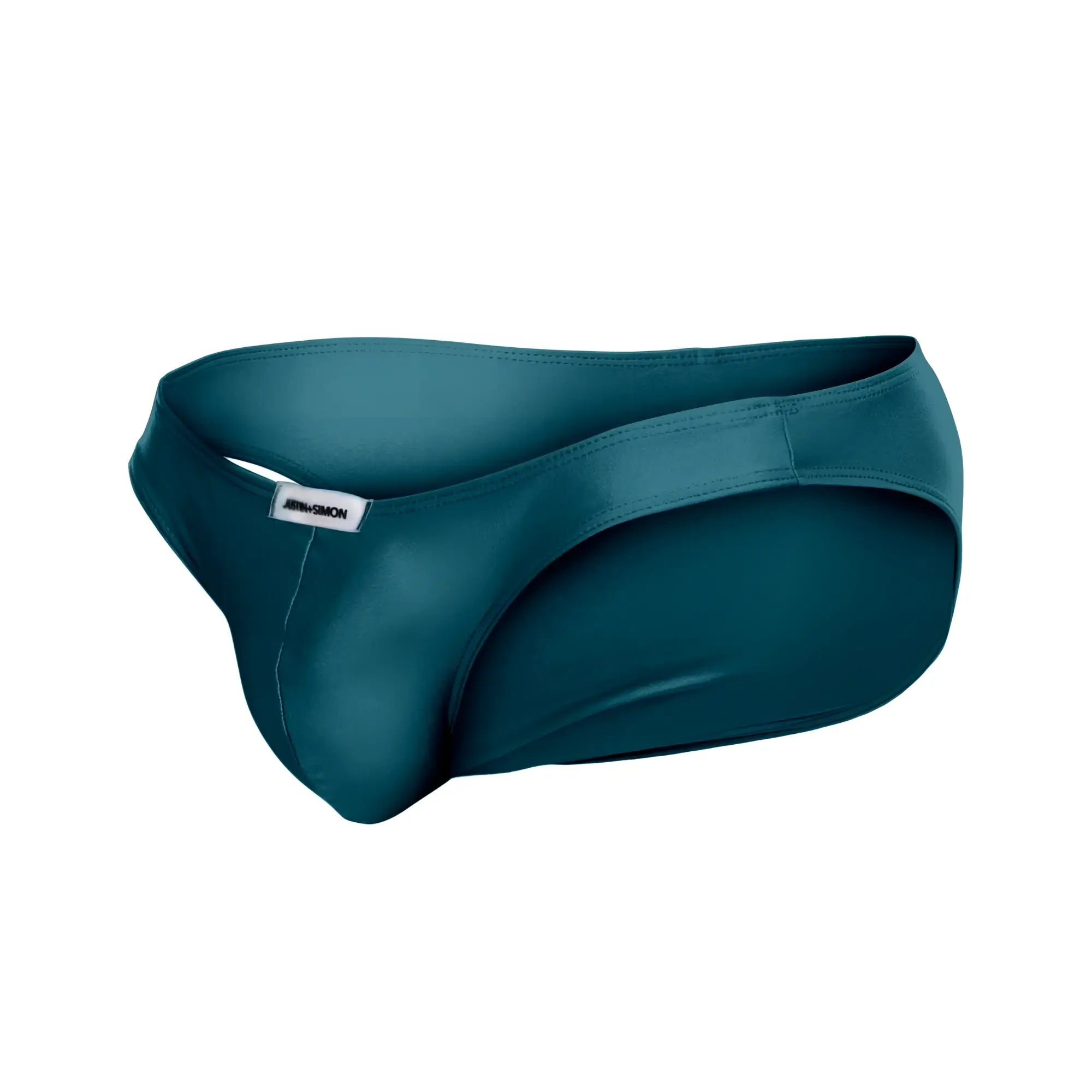 Teal satin briefs in classic bikini style with sleek fit and subtle brand tag on waistband in opal green color