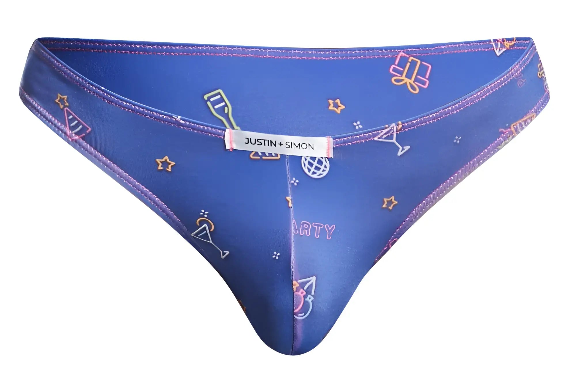 Blue justin simon thong bikini with neon party graphics and purple trim from justin simon xsj01 classic color party collection
