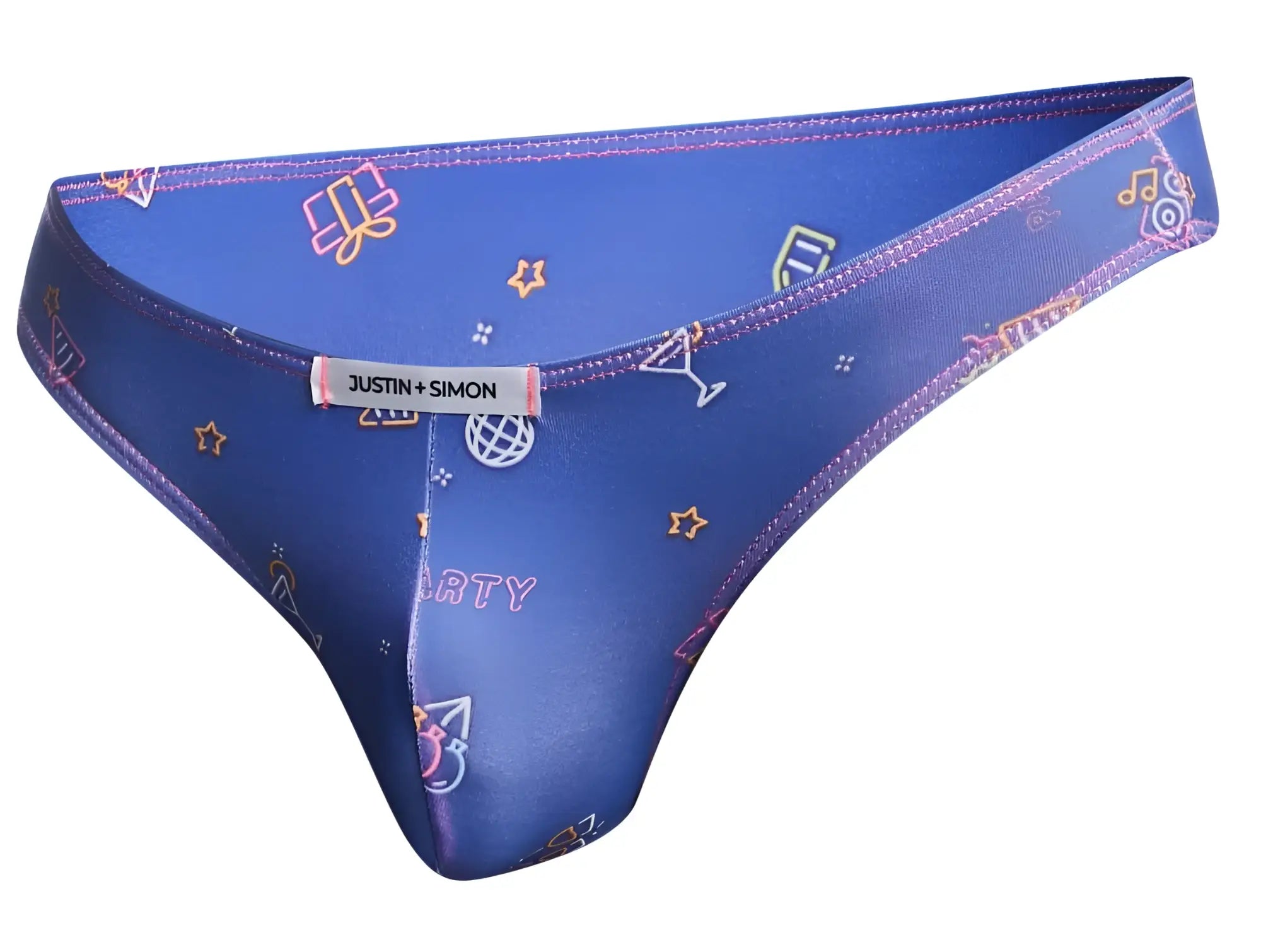 Blue justin simon thong bikini with neon martini glass and star party pattern for classic bikini color party edition