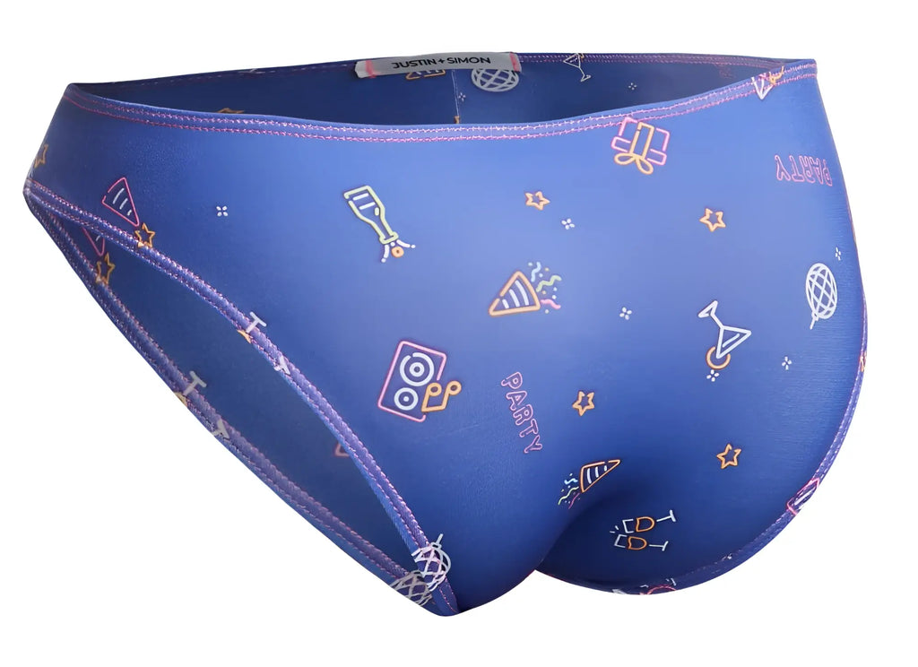 Blue men’s swim trunks justin+simon xsj01 classic bikini color party with vibrant neon party-themed pattern