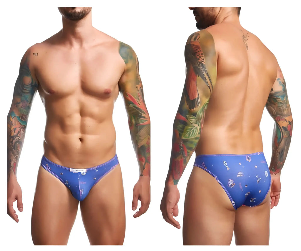 Blue patterned men’s briefs with tropical bird and leaf design from justin simon classic bikini color party collection