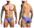 Blue patterned men’s briefs with tropical bird and leaf design from justin simon classic bikini color party collection