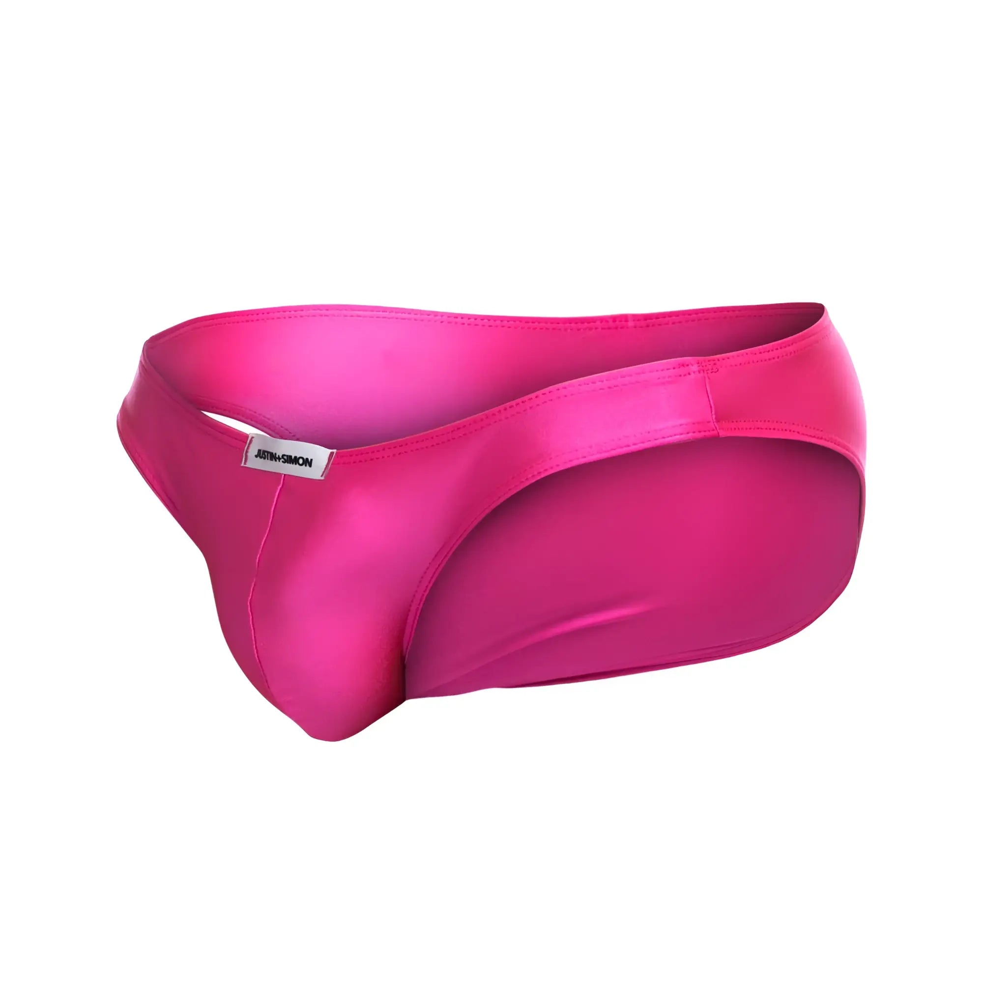 Justin+Simon xsj01 classic bikini pink vibrant fuchsia satin briefs with sleek form-fitting design and subtle brand tag