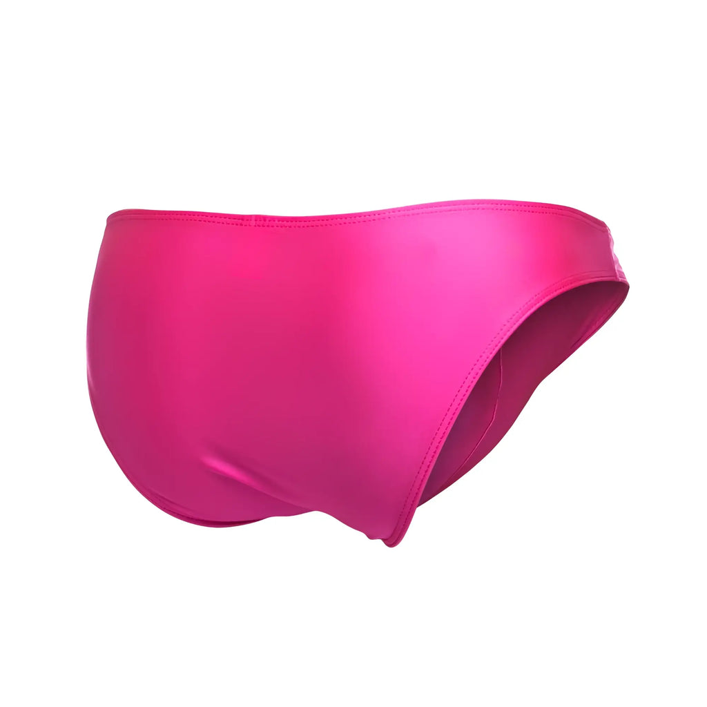 A vibrant fuchsia justin simon xsj01 classic bikini swim brief with a satin finish and clean edge stitching