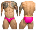Vibrant pink high-waisted swim trunks by JUSTIN SIMON with sleek form-fitting design and white brand tag at waistband