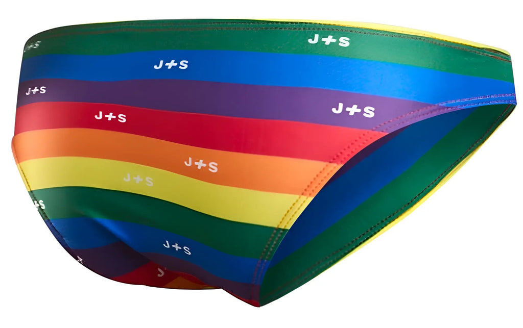 Rainbow-striped justin simon xsj01 classic bikini briefs with white j+s logos on each color band for pride celebration