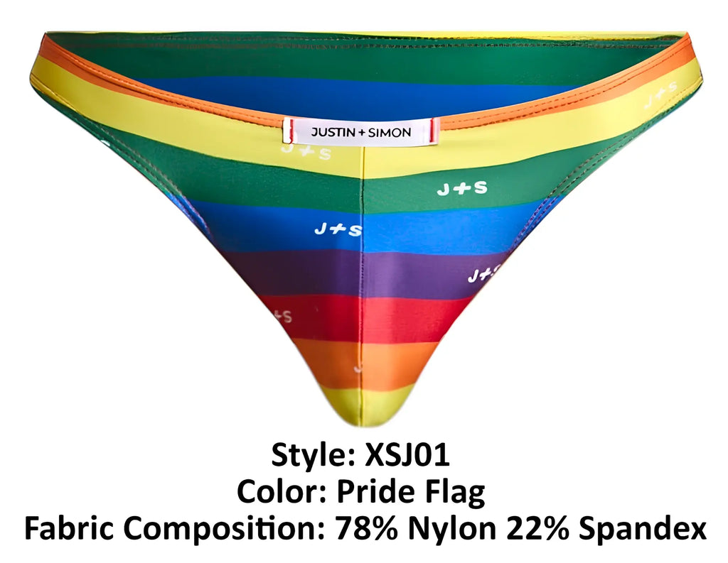 Rainbow-striped men’s briefs in pride flag colors with justin and simon label and j plus s logo printed on fabric