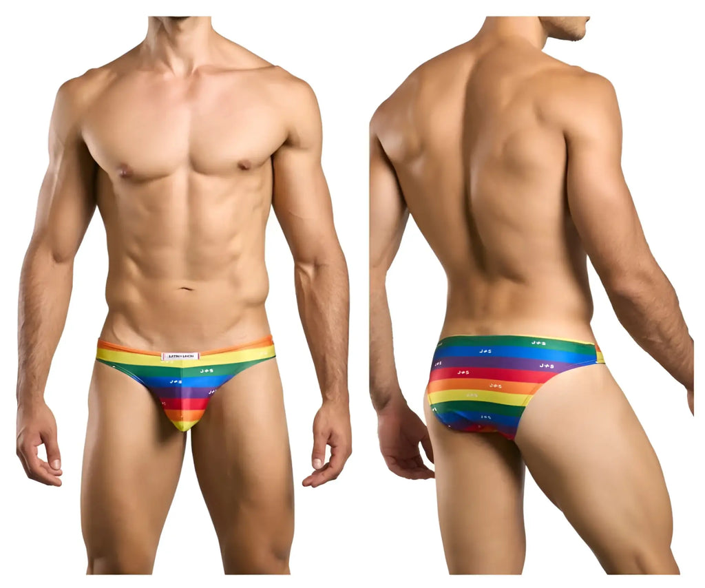 Rainbow-striped men’s briefs with jds branding from Justin Simon XSJ01 classic bikini color pride flag collection