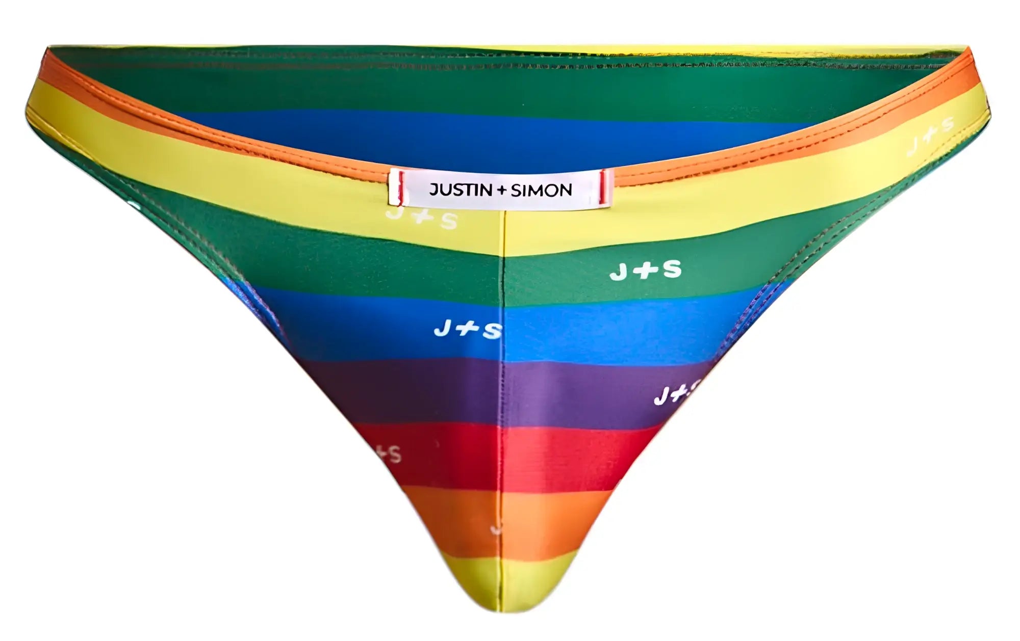 Rainbow-striped men’s briefs by justin + simon with j+s branding in classic bikini style featuring pride flag colors