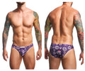 Purple patterned swim trunks by justin+simon featuring circular love win and thank you day logos in classic bikini style