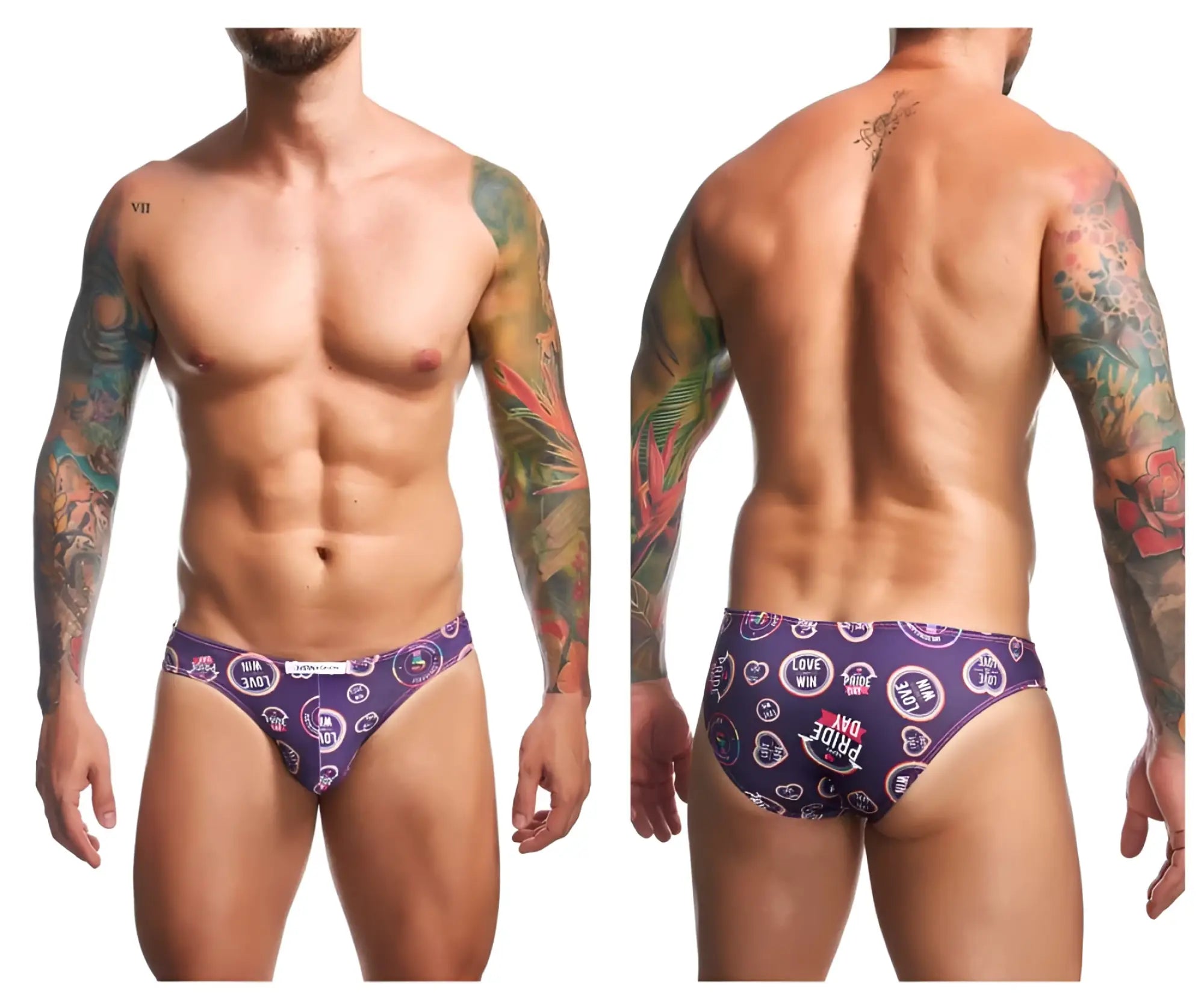 Purple patterned swim trunks by justin+simon featuring circular love win and thank you day logos in classic bikini style