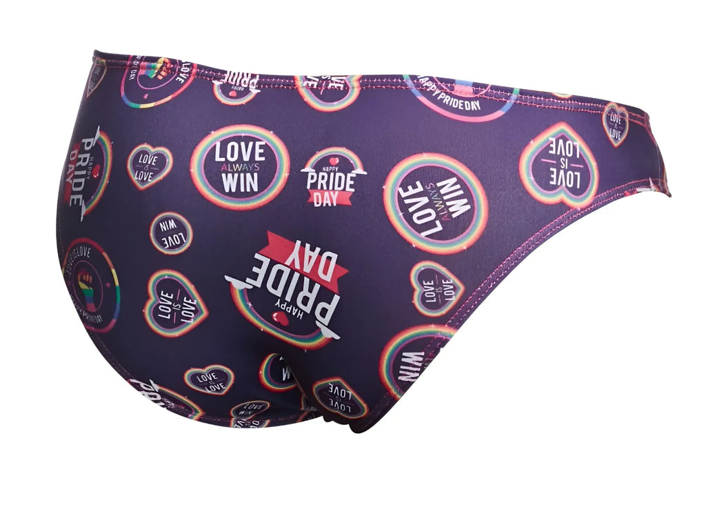 Justin+Simon XSJ01 classic bikini swim trunks in purple with vibrant rainbow pride day graphic pattern
