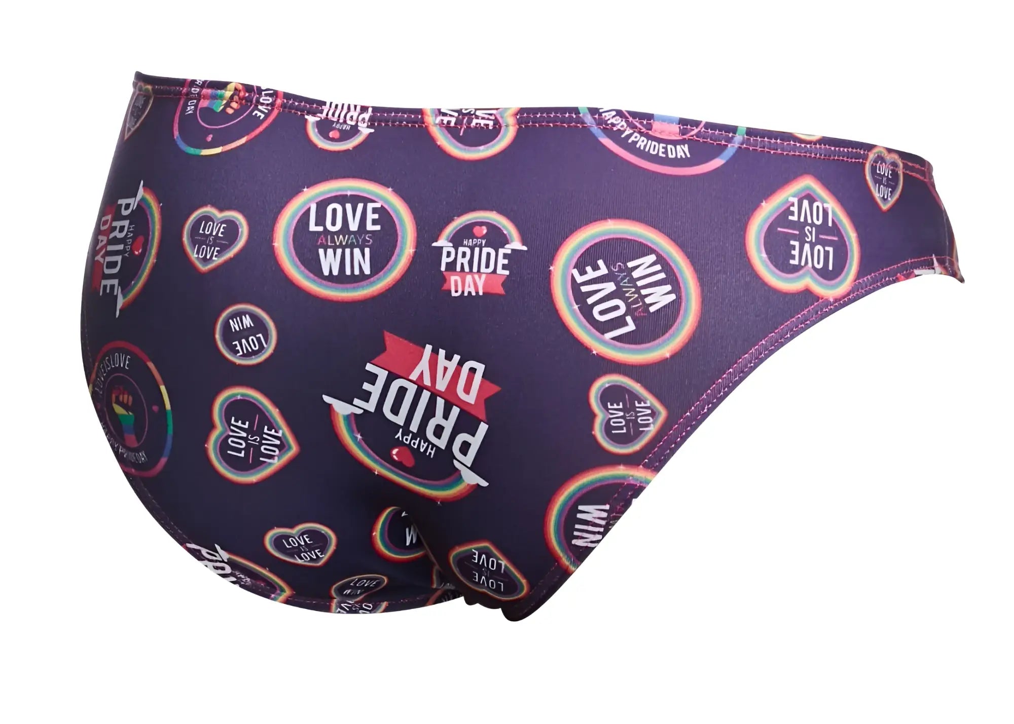 Justin+Simon XSJ01 classic bikini swim trunks in purple with vibrant rainbow pride day graphic pattern