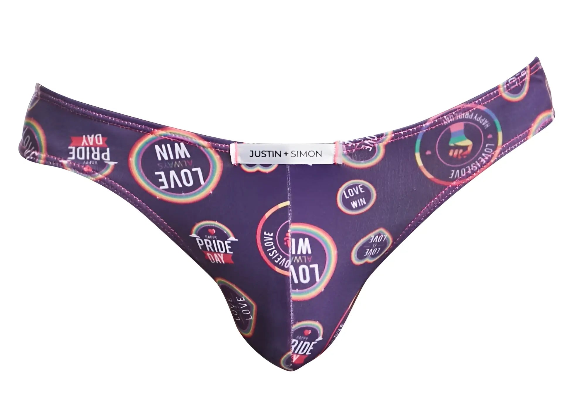 Purple justin simon thong with vibrant rainbow and pride day graphic print from classic bikini color pride collection