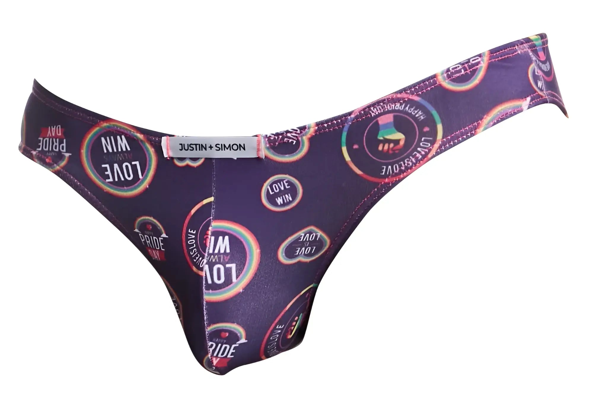 Purple thong with vibrant rainbow circular pride pattern featuring love win phrases by justin + simon classic bikini
